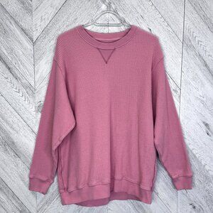 AERIE Waffle Thermal Long Sleeve Top Shirt Pink Womens Small Oversize Fit Crew